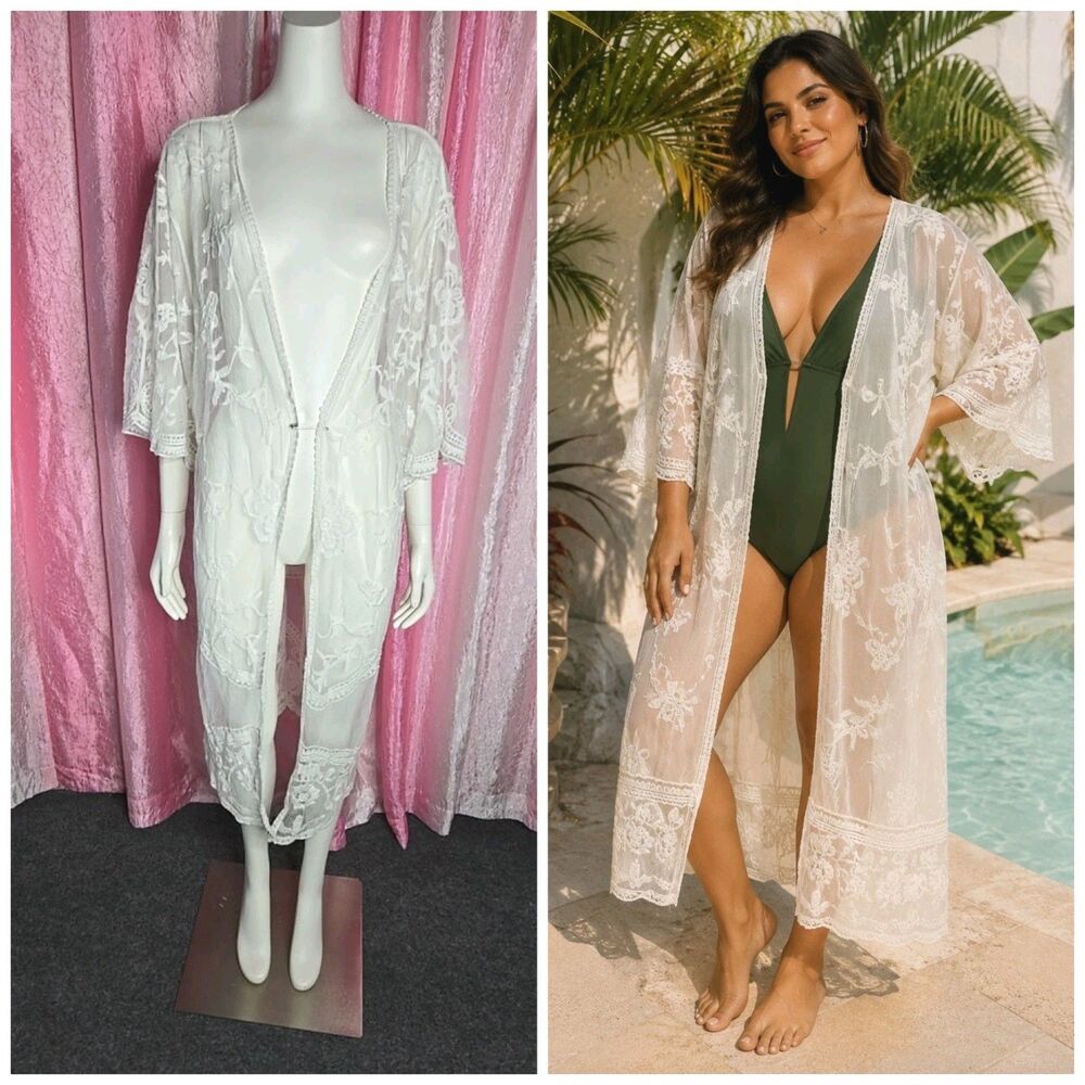 Mi Ami White Floral Lace Open Beach  Kimono Robe Boho Coverup Size Large